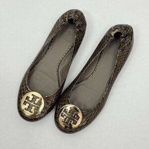 Tory Burch Reva Metal Logo Lotus Snake Print Dark Branch/Gold size 8